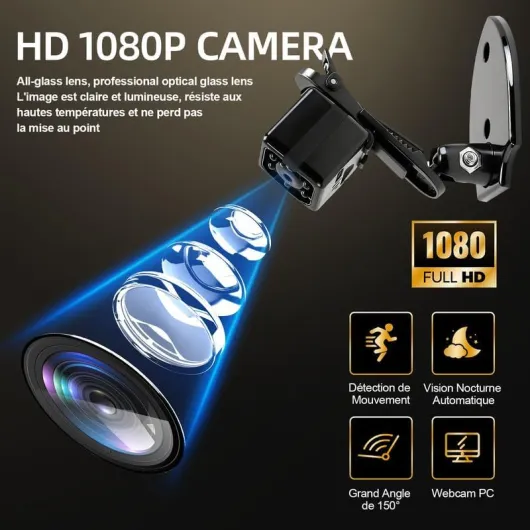 Camera Espion sans Fil 1080P-Mini Caméra Cachée Discrète avec Détection Mouvement et Vision Nocturne, Caméra Surveillance Intérieure Sans Internet ni App, Autonomie Longue Durée pour Maison Exterieur Noir Mat
