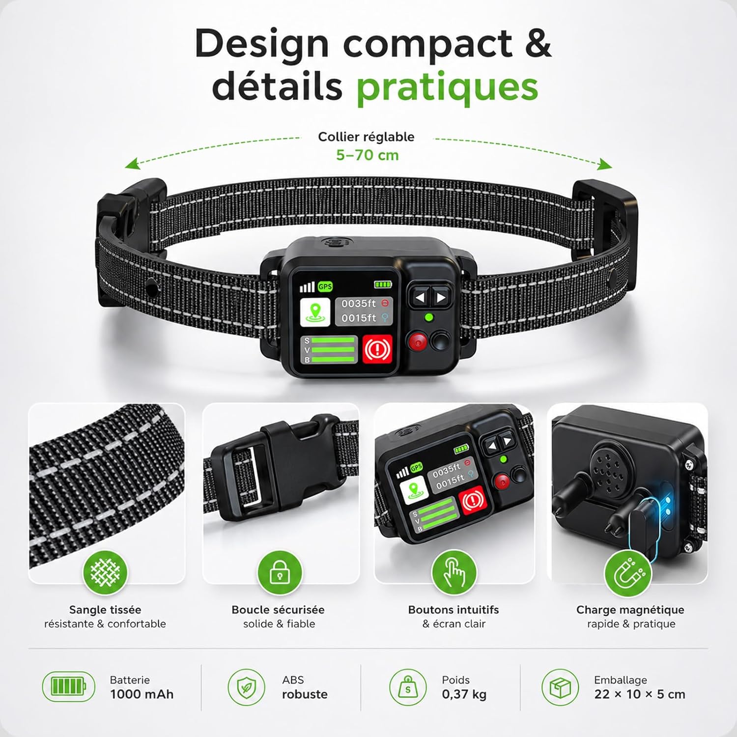 Collier Anti-Fugue GPS pour Chien Noir 1000 mAh Clôture Virtuelle sans Fil IPX7 Rayon 15m à 2000m 3 Modes de Dressage Anti-Fugue Électrique Système Clôture