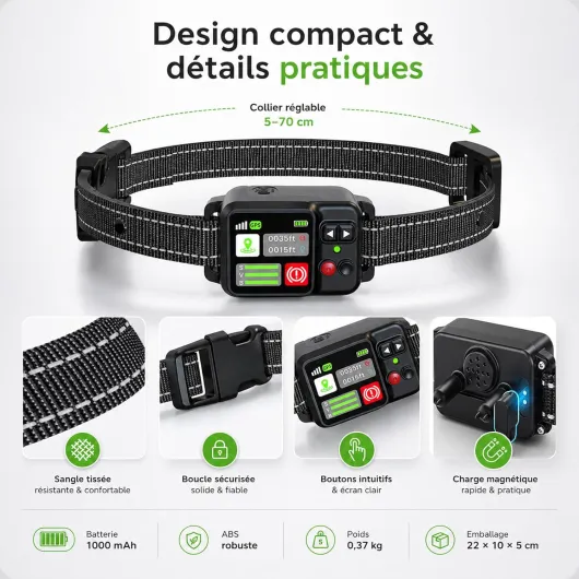 Collier Anti-Fugue GPS pour Chien Noir 1000 mAh Clôture Virtuelle sans Fil IPX7 Rayon 15m à 2000m 3 Modes de Dressage Anti-Fugue Électrique Système Clôture