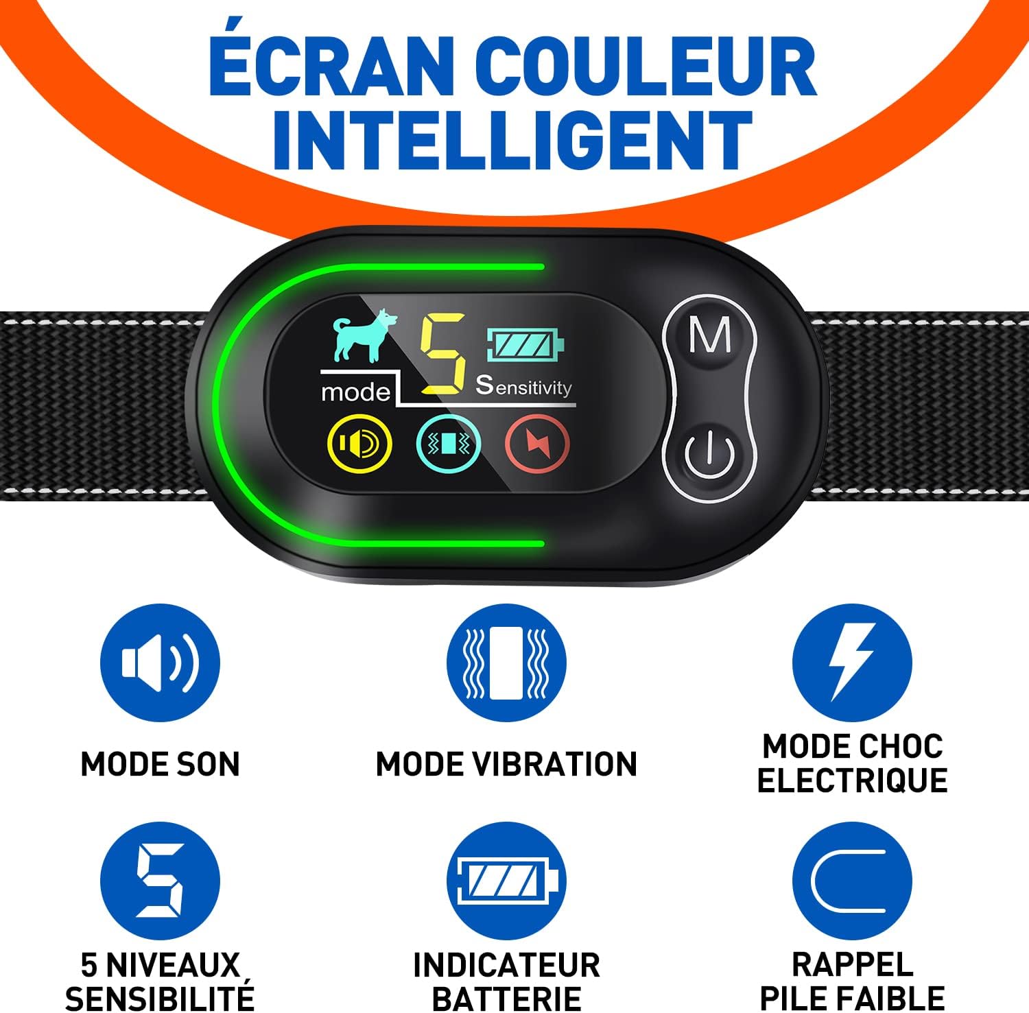 Collier Anti-Aboiement Chien, Rechargeable et Étanche IP67, 4 Modes Son/Vibration/Choc, Sensibilité Réglable, pour Petit Moyen Grand Chien Dressage