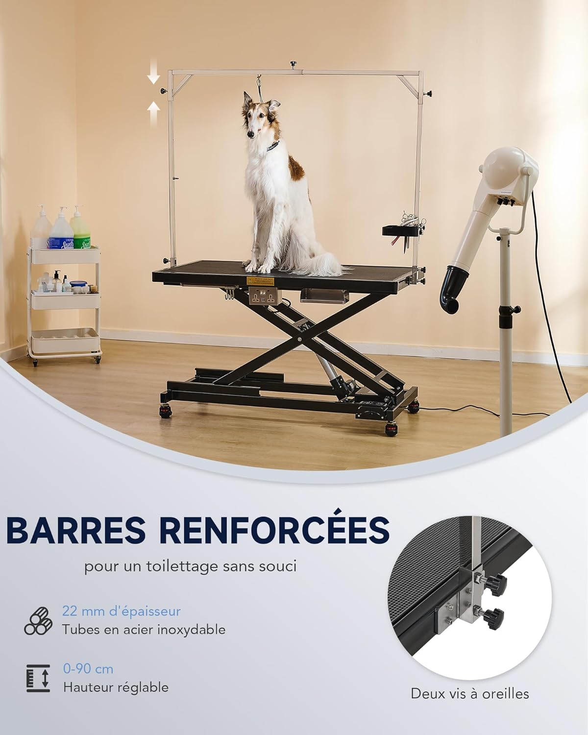 CO-Z Table de Toilettage Électrique pour Chiens 120×60CM pour Animaux de Compagnie Hauteur Réglable en 4 Colliers Station de Toilettage Baignade Séchage pour Chiens Chats Capacité 110kg, Noir