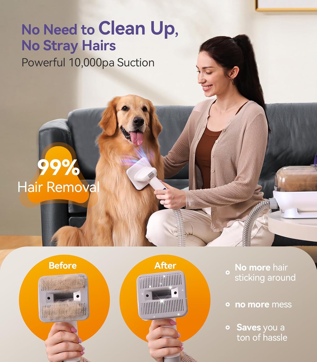 Aspirateur pour chiens avec brosse,Puissance d'aspiration élevée Brosse pour chiens aspirateur avec 12000 Pa,Aspire 99.99% des poils d'animaux (1,5L) avec 4 accessoires d'entretien(Pourpre) Lilas