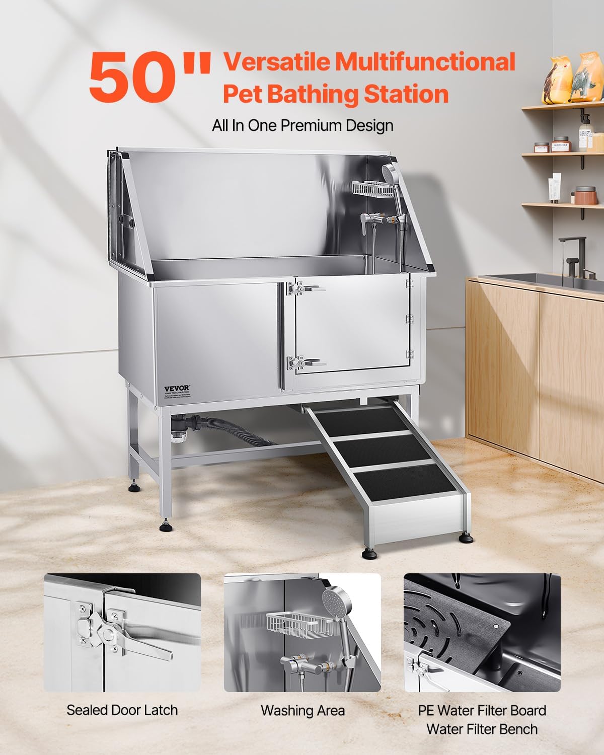 Baignoire de Chien Acier Inoxydable, Baignoire de Toilettage pour Animaux de Compagnie 127 cm Station de Lavage Chat, avec Rampe, Panneau Filtre à Eau, Robinet, Pommeau de Douche, Porte Droite Rampe droite 50 inch