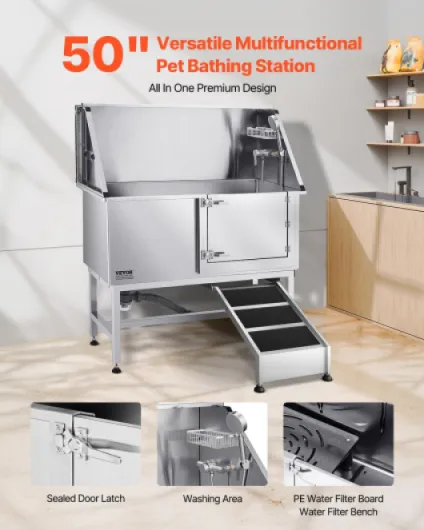 Baignoire de Chien Acier Inoxydable, Baignoire de Toilettage pour Animaux de Compagnie 127 cm Station de Lavage Chat, avec Rampe, Panneau Filtre à Eau, Robinet, Pommeau de Douche, Porte Droite Rampe droite 50 inch