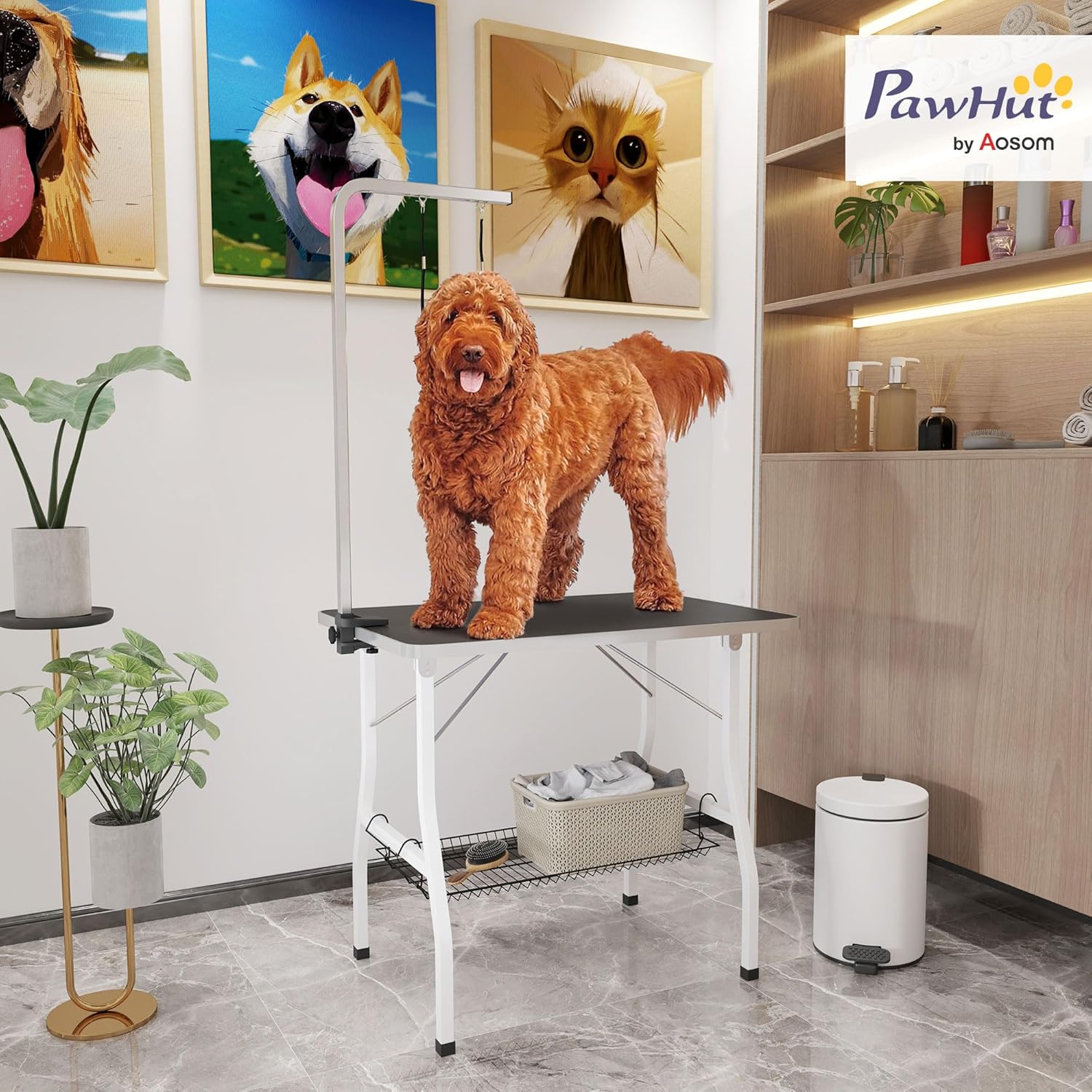 Table de toilettage pour Chien Pliante 90x60x76cm, Stable - Plateau antidérapant Caoutchouc, 2 Sangles - Potence réglable INOX et Panier - Station d'entretien pour Petits/Moyens Chiens, Noir