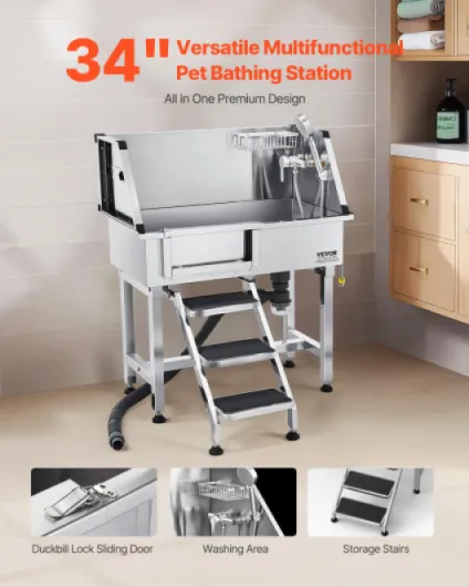 Baignoire de Chien Acier Inoxydable, Baignoire de Toilettage pour Animaux de Compagnie 87 cm Station de Lavage Chat, avec Escalier à Gauche, Robinet, Pommeau de Douche, Porte-savon, Porte Gauche