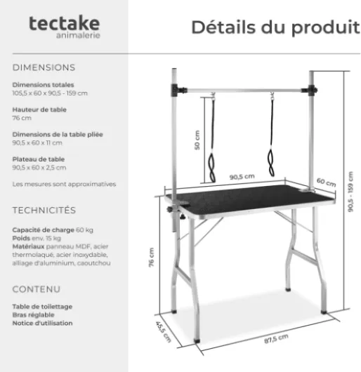® Table Pliante pour Toilettage du Chien/Chiot/Chat, avec 2X Collier Chien, Surface de Travail Antidérapante 105,5x60x90,5-159 cm, Max - 60kg, Accessoires Kit toilettage Maison, Chiens et Chats Avec 2 laisses Noir/Gris