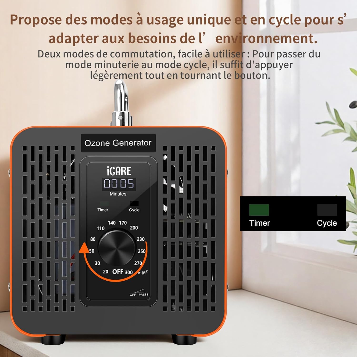 Générateur d'Ozone Domestique 60000mg/h, Generateur Ozone à Bouton Électronique avec 2 Mode, Machine à Ozone pour Purification de l'Air et Élimination des Odeurs pour Maison, Voiture, Salle de Bain Standard