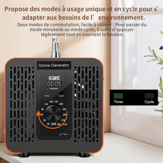 Générateur d'Ozone Domestique 60000mg/h, Generateur Ozone à Bouton Électronique avec 2 Mode, Machine à Ozone pour Purification de l'Air et Élimination des Odeurs pour Maison, Voiture, Salle de Bain Standard