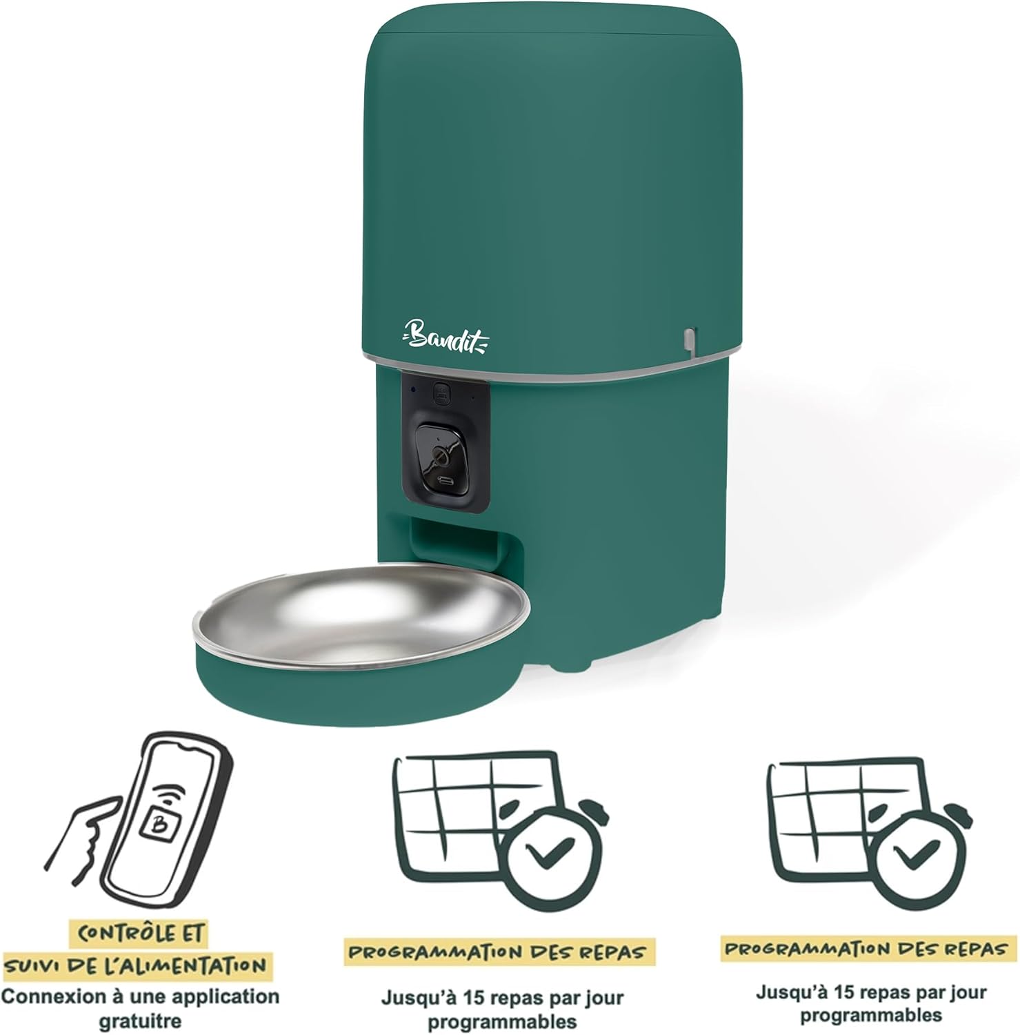 Bandit - Distributeur de croquettes Intelligent Vert - Suivi diététique pour Chats et Petits Chiens - Programmation jusqu'à 15 Repas - Caméra HD & Micro - Réservoir 4L hermétique