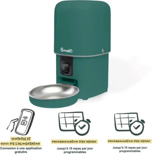 Bandit - Distributeur de croquettes Intelligent Vert - Suivi diététique pour Chats et Petits Chiens - Programmation jusqu'à 15 Repas - Caméra HD & Micro - Réservoir 4L hermétique