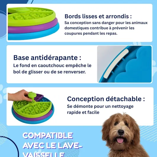 SOLDAY Gamelle Anti Glouton Chien Chat 3 Couches, Puzzle Interactif Ludique avec Tapis Anti-Éclaboussure et Base Antidérapante, Jouet Occupation Chiot Anti-Ennui, Spatule et Brosse Incluses