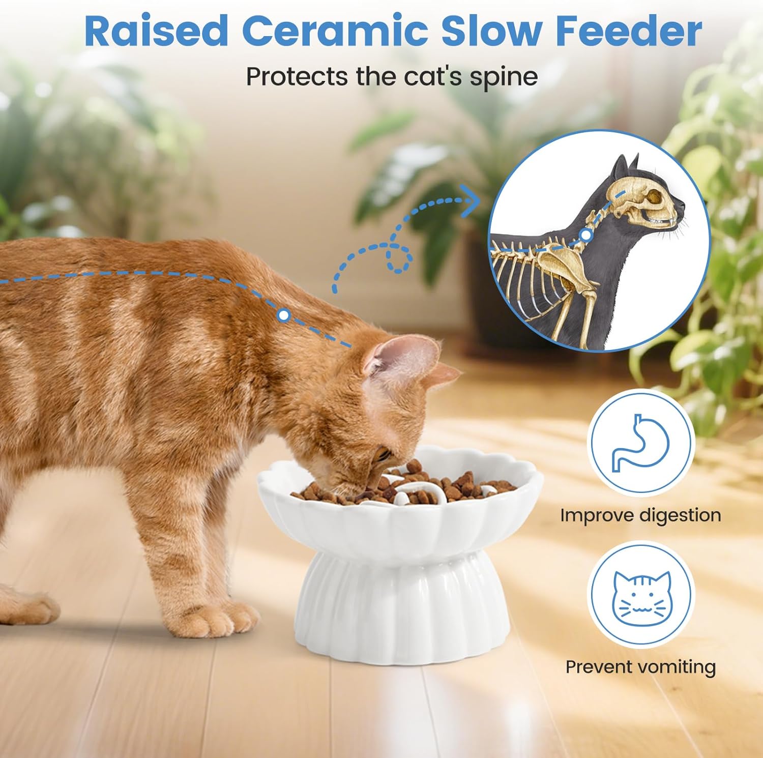 Gamelle Anti Glouton Chat Céramique Surélevée, Bol Chat Fleur Anti Vomissement pour Alimentation Lente (Blanc)