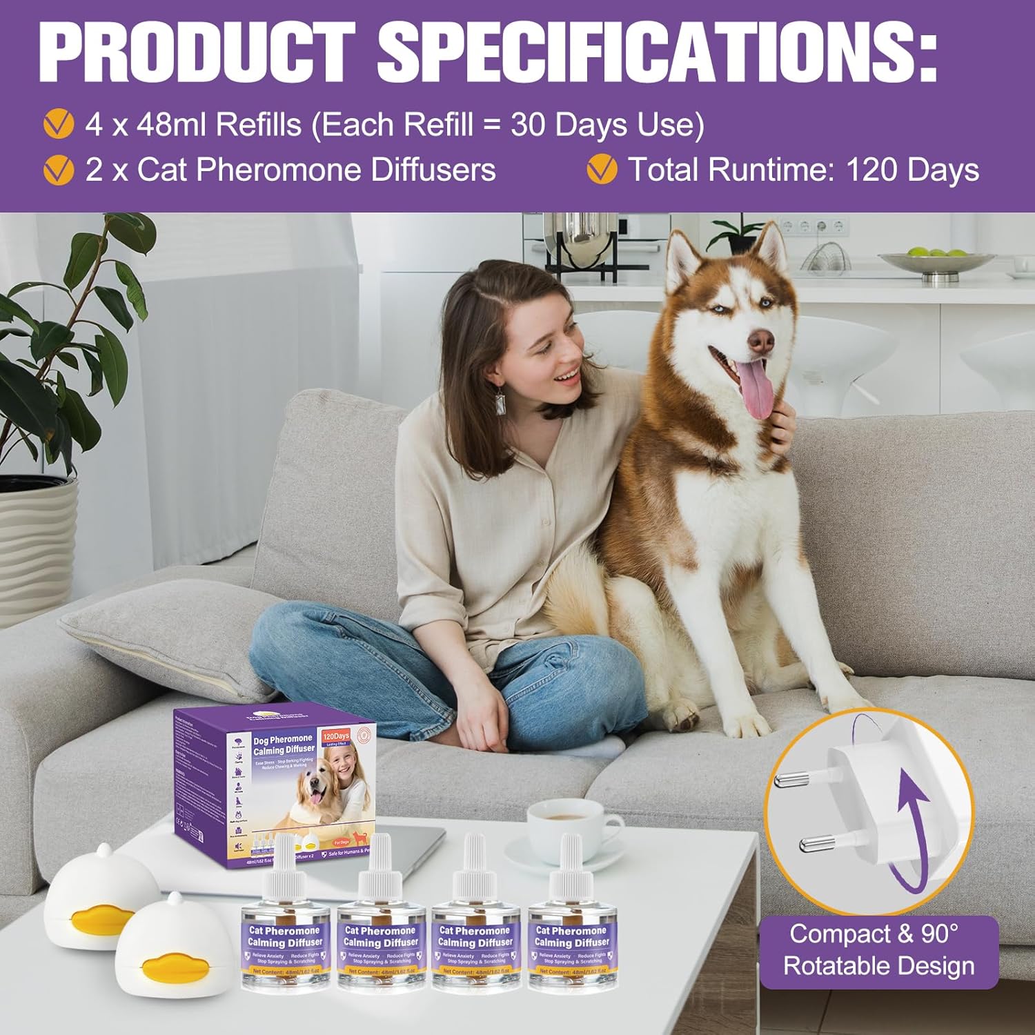 Pheromones Chien Anti Stress Résout Les problèmes de marquage urinaire, Stoppe Aboiements/Mâchonnage/Marquage, Calmant Apaisant Prise Phéromones (2 Diffuseur+4 Recharges)