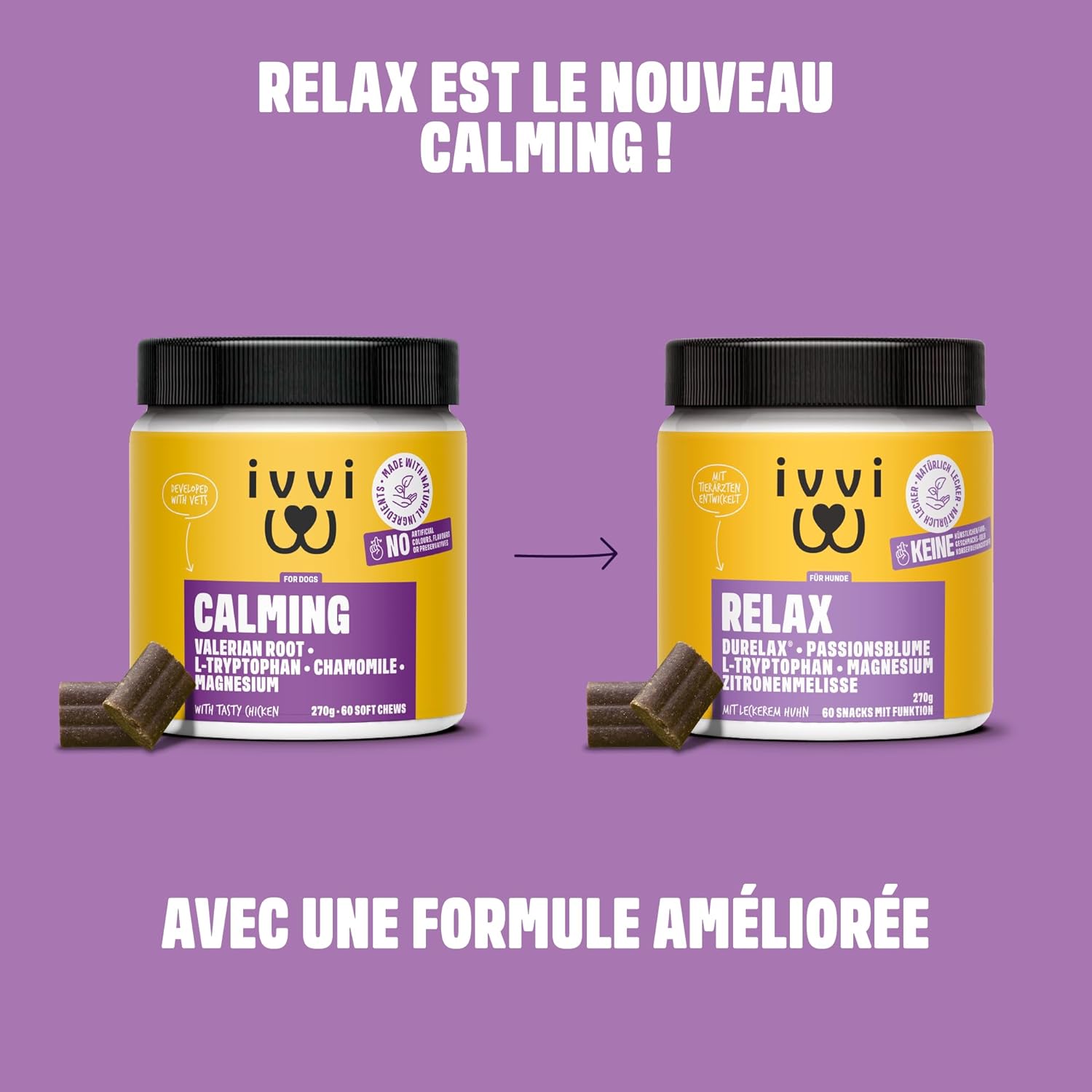 Ivvi Relax Calmant pour Chiens - Formule avec L-Tryptophane en Cas d'Anxiété, de Stress et pour se Calmer - 60 Délicieuses Friandises au Poulet