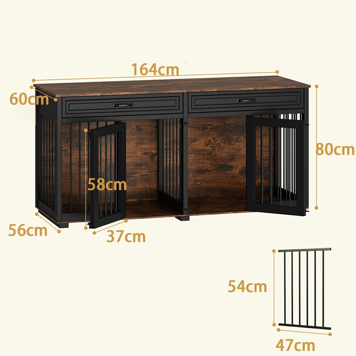 Cage pour Chien XXL 164cm pour 2 Chiens – Meuble Cage 4 Portes, 2 Tiroirs & Cloison Amovible, 80cm de Haut – Niche Chien Style Buffet pour Salon, 164×80×60cm, Noir-Marron 164x 80 x 60 cm Marron