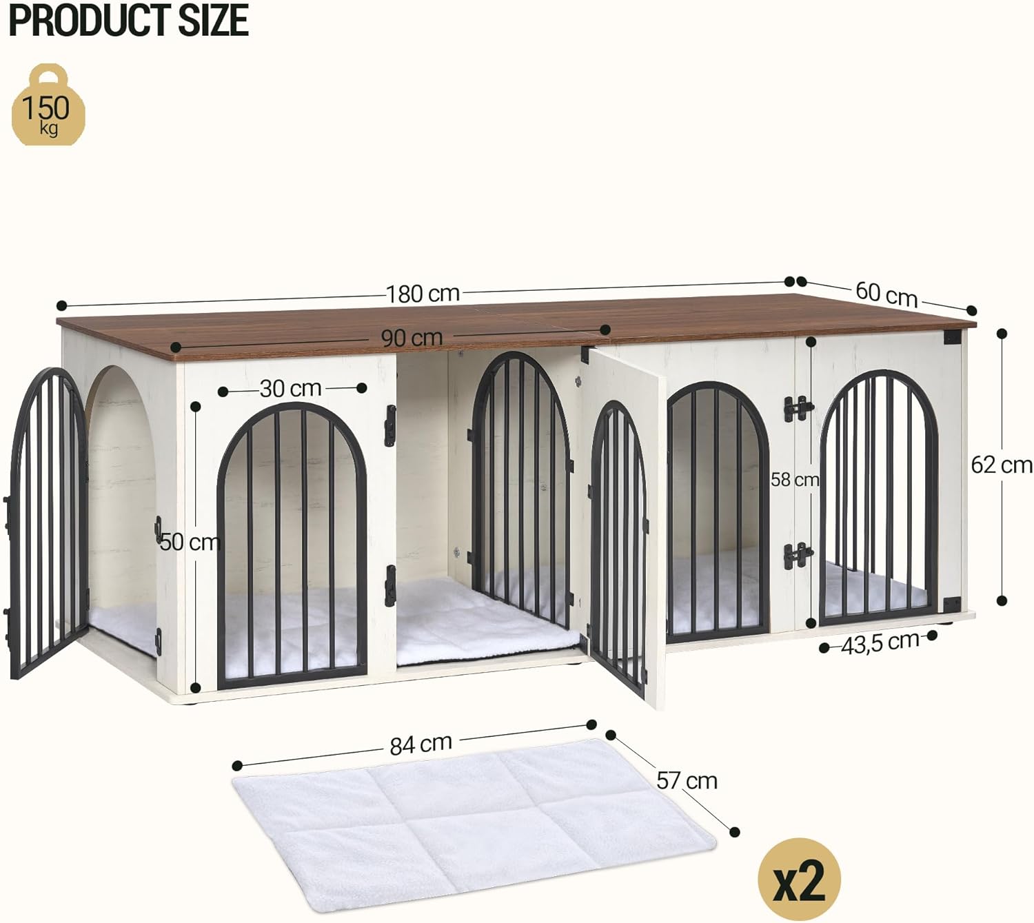 180 cm Cage pour 2 Chiens, Cages Double avec Séparateur, Niche en Bois, Cage pour Chien avec Coussin, Design Meuble TV pour Chiens de Moyens/Grands, Blanc et Marron DFC91914B