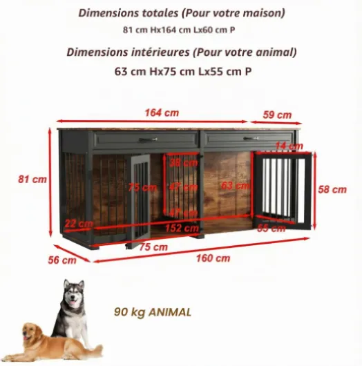 Cage pour chien XXL - Armoire avec 2 tiroirs et 2 portes - Pour chiens de grande/moyenne taille - Table d'appoint - Niche intérieure - Maison pour chien pour la maison