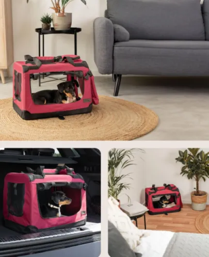 Lionto Caisse de Transport Pliable pour Chien & Chat, 50x34x36 cm, Tissu Oxford Robuste + poignées & Couverture, pour Animaux Jusqu’à 10 kg, Caisse pour Petits & Grands, Rouge foncé Rouge foncé L 50 x l 34 x H 36 cm