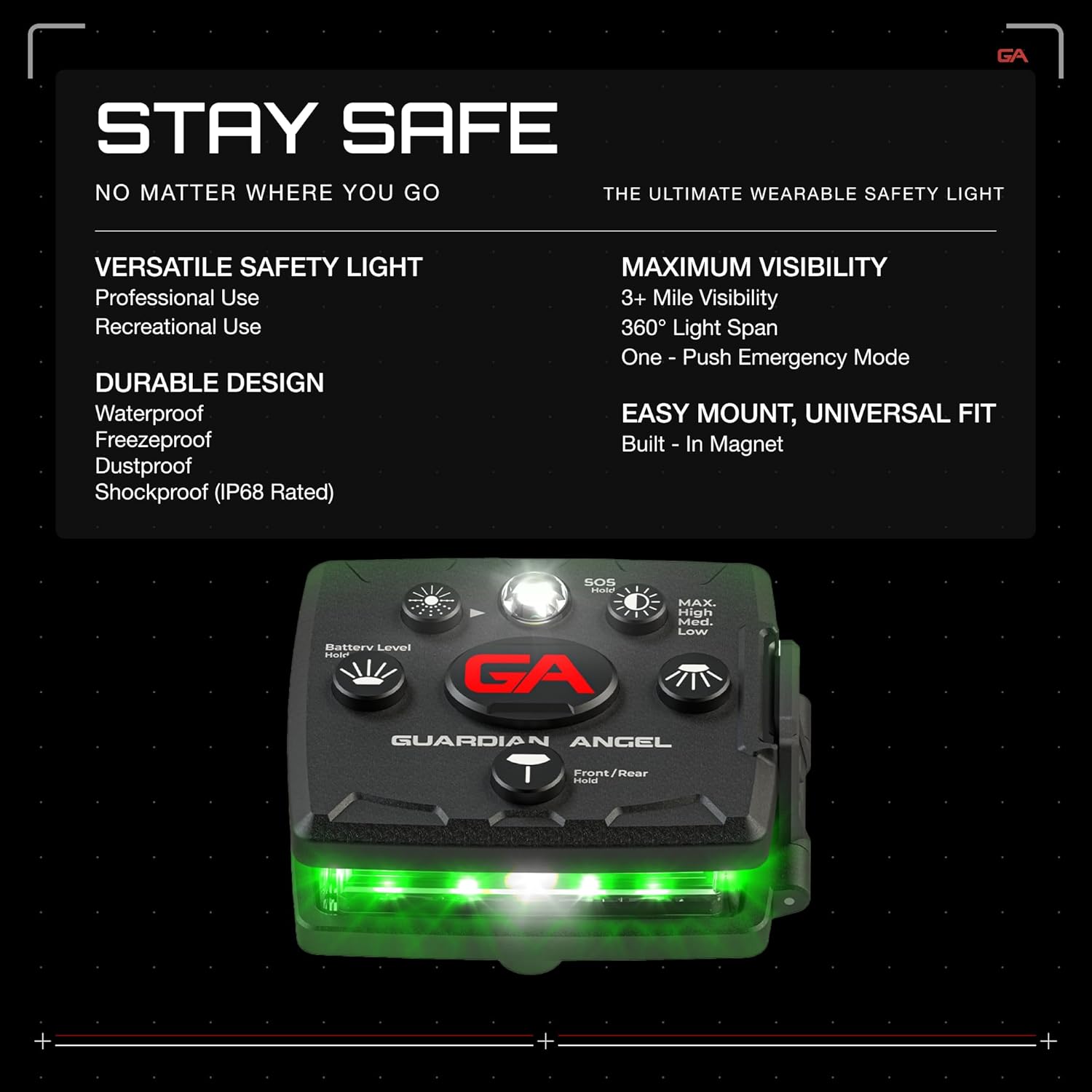Guardian Angel Micro Series Lumières de sécurité, dispositif de balise (avant vert et arrière vert) - Lumière LED rechargeable, magnétique et mains libres pour promener les chiens, le cyclisme, le Vert/Vert