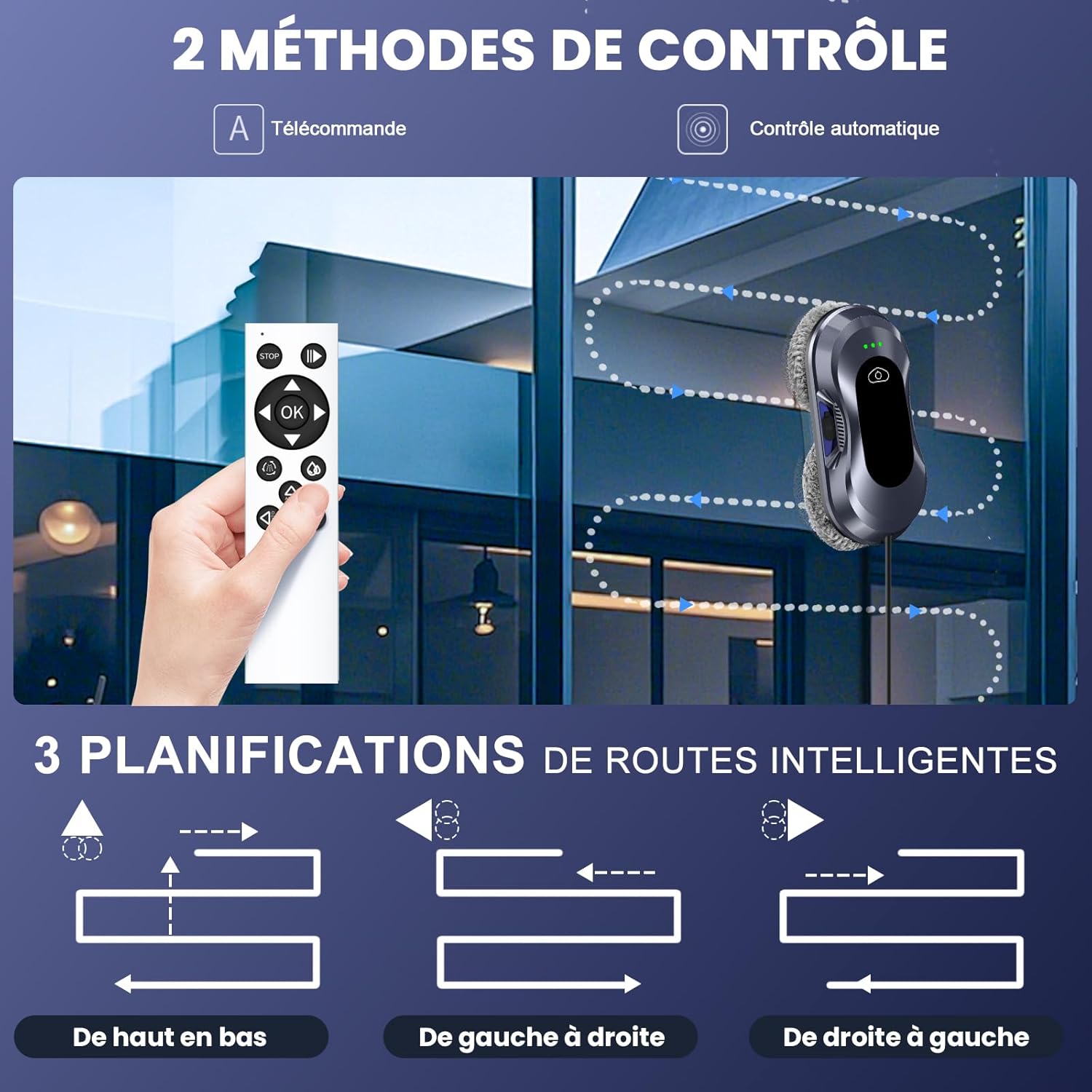 Robot Laveur de Vitre Automatique, 6000 Pa d'aspiration, Robot Nettoyeur de Vitres,Nettoyage à Double Hélice, Détection des Bords, 3 Modes de Nettoyage, avec 10 Chiffons de Nettoyage