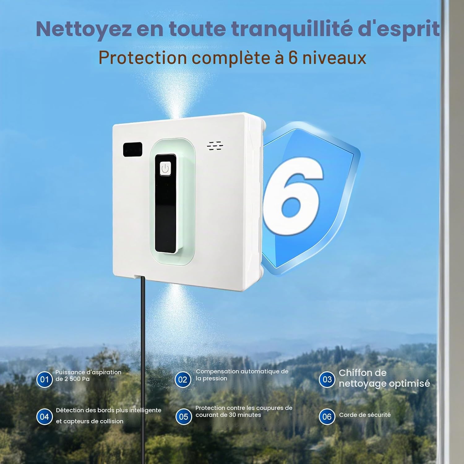 Robot de nettoyage de vitres carré avec moteur sans balais, double jet d'eau ultra fin, nettoyeur intelligent avec batterie UPS 650 mAh, application/télécommande pour verre, carrelage et
