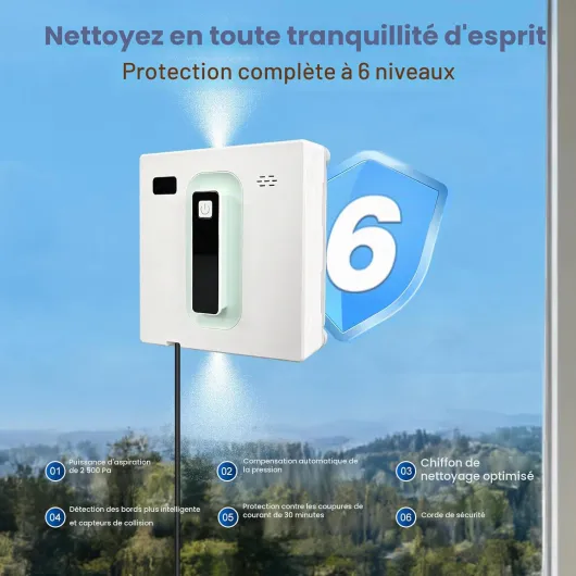 Robot de nettoyage de vitres carré avec moteur sans balais, double jet d'eau ultra fin, nettoyeur intelligent avec batterie UPS 650 mAh, application/télécommande pour verre, carrelage et