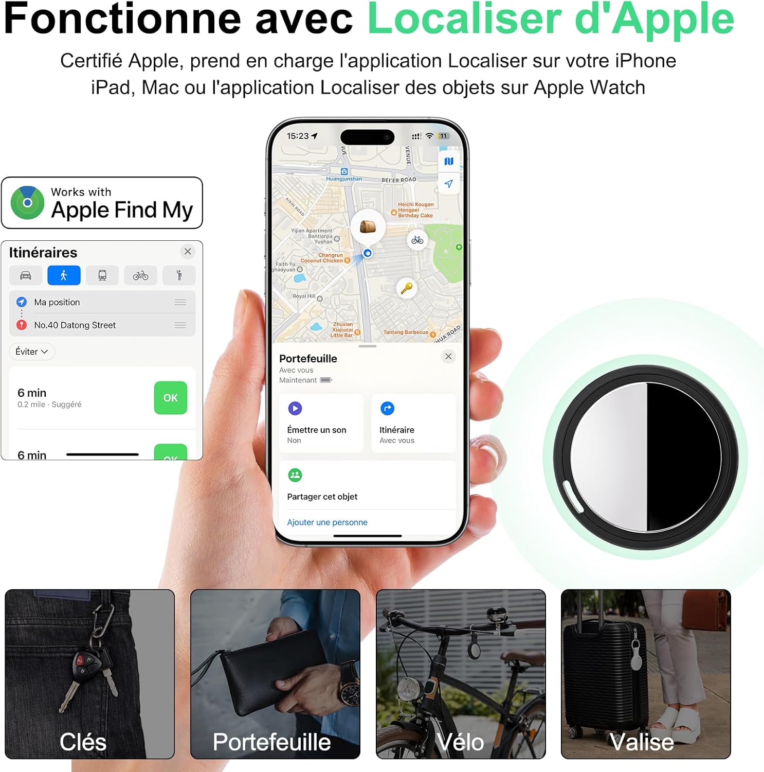 Air Tracker Tag Fonctionne avec Apple Localiser Find My (iOS Uniquement) Comprend Batterie de Secours, Traceur d'objets pour Clés, Portefeuille, Bagages, Sacs, Voiture (Noir, Lot de 4) 4-Pack Noir