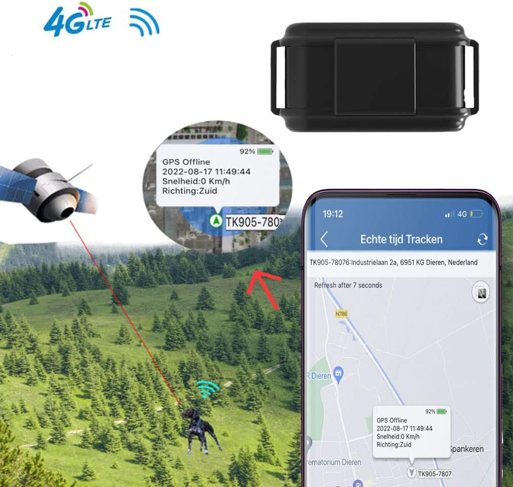 Collier GPS Chien de Chasse avec Micro Appels Vocaux Tracker Suivi en Temps Réel Alarme Sonore Pédomètre sans Limite Distance Traceur GPS Chiens Étanche sans Abonnement 4G TK919Pro