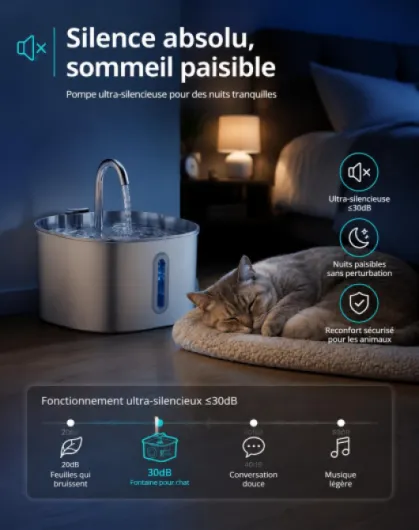 FéliFlow Fontaine à Eau pour Chats et Chiens en Acier Inoxydable 304, Distributeur Eau Automatique Silencieux de 2,2L avec Système de Triple Filtration Continue