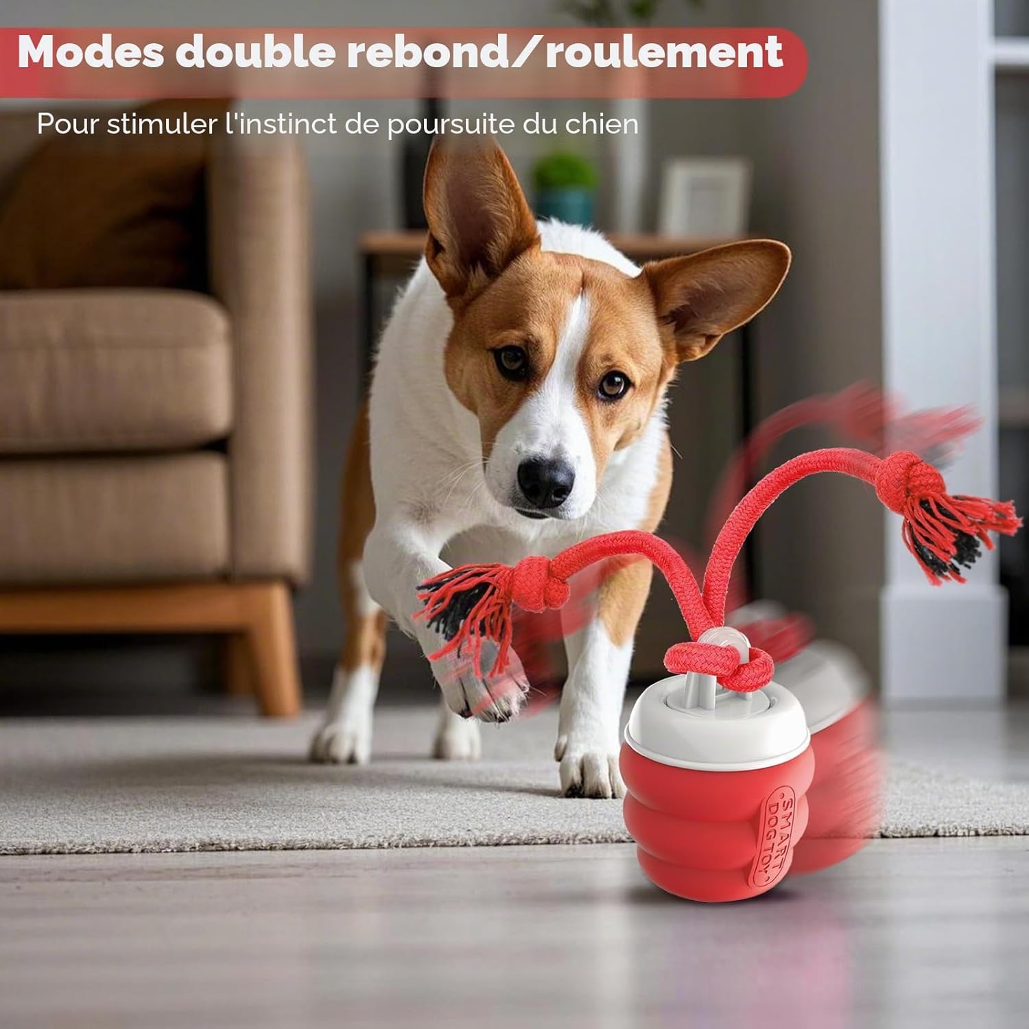 Balle Interactive Chien – Jouet Interactif Balle Chien Rechargeable USB, Balle pour Chien avec Corde à Mâcher, Balle Chien Qui Bouge Toute Seule pour Chiens de Petite, Moyens Rouge Petit